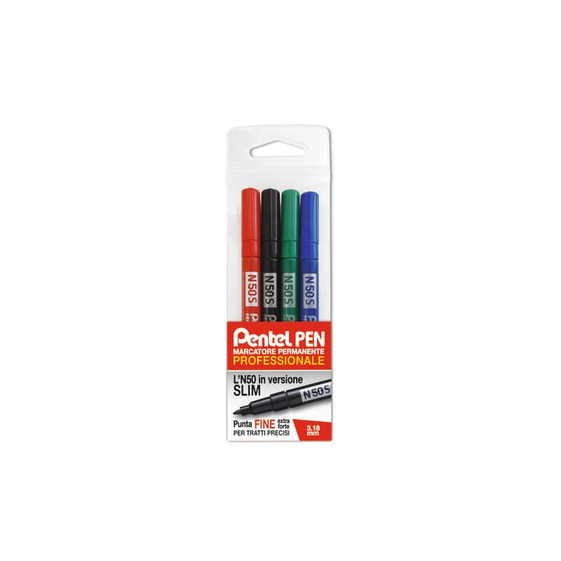 Marcatore permanente Pentel N50 Slim punta conica 3,18 mm assortiti 4 pezzi  - 0022066 - Lineacontabile