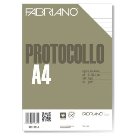 Fogli protocollo Fabriano PROTOCOLLO bianco 80 g/m² 21x29,7 cm rigato uso bollo  conf. da 500 fogli 