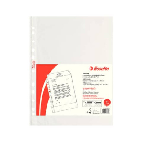 Buste a perforazione universale goffrate Esselte ESSENTIALS PP antiriflesso trasparente A4  conf.100