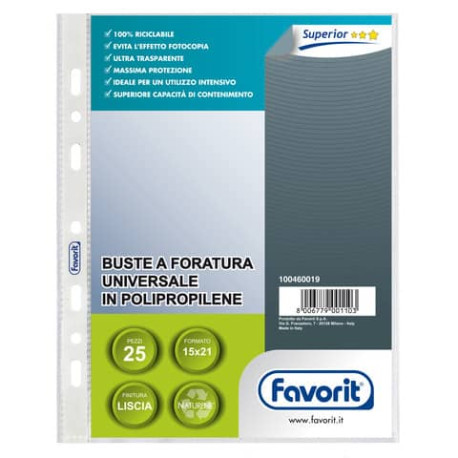 Buste trasp. a foratura universale FAVORIT liscia superior 15x21 cm conf. da 25 - 100460019