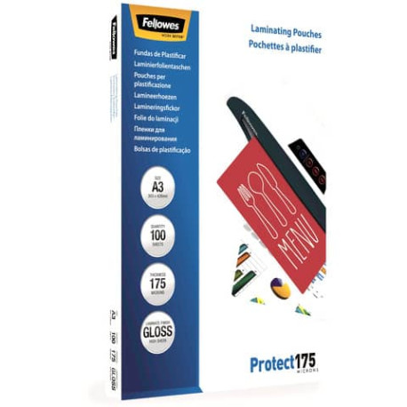 Pouches per plastificatrici FELLOWES Protect175 A3 175my per lato trasparente lucido  conf.100 - 530