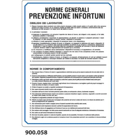 Cartello informativo "Norme generali prevenzione infortuni'' 33x47 cm - 900.058