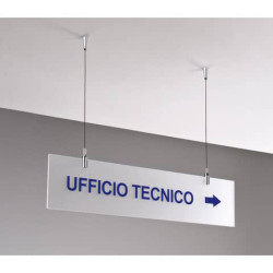 Targa sospesa in acrilico bisatinato 60x15 cm Tecnostyl con cavetti per fissaggio soffitto silver/bi