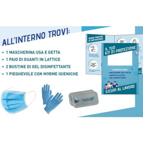 Kit dispositivi di protezione con mascherina + guanti + 2 bustine gel + pieghevole con norme igienic