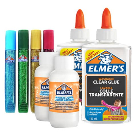 Kit Slime 2 flaconi colla trasp. 147 ml + 2 flaconi Magical Liquid 68 ml + 4 tubetti colla con brill