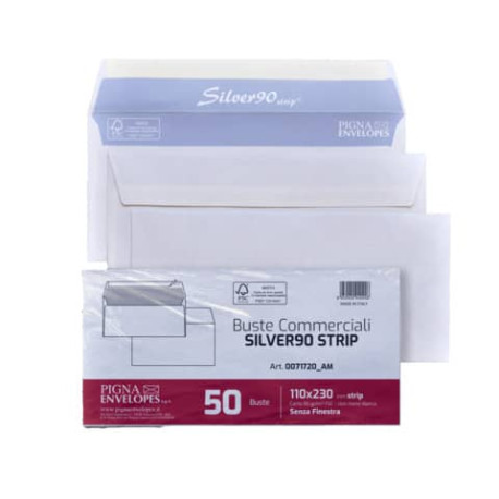 Buste senza finestra Pigna Envelopes Silver90 Strip 90gr/mq taglio quadro bianche 11x23cm - Conf. 50