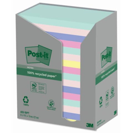 Foglietti Post-it® Notes 76x127 mm carta riciclata assortiti conf. torre da 16 blocchetti da 100 ff 